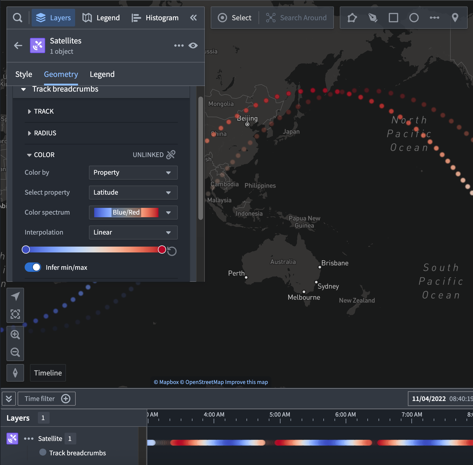 Track breadcrumbs example allowing a user to see the exact time at which object positions were recorded.