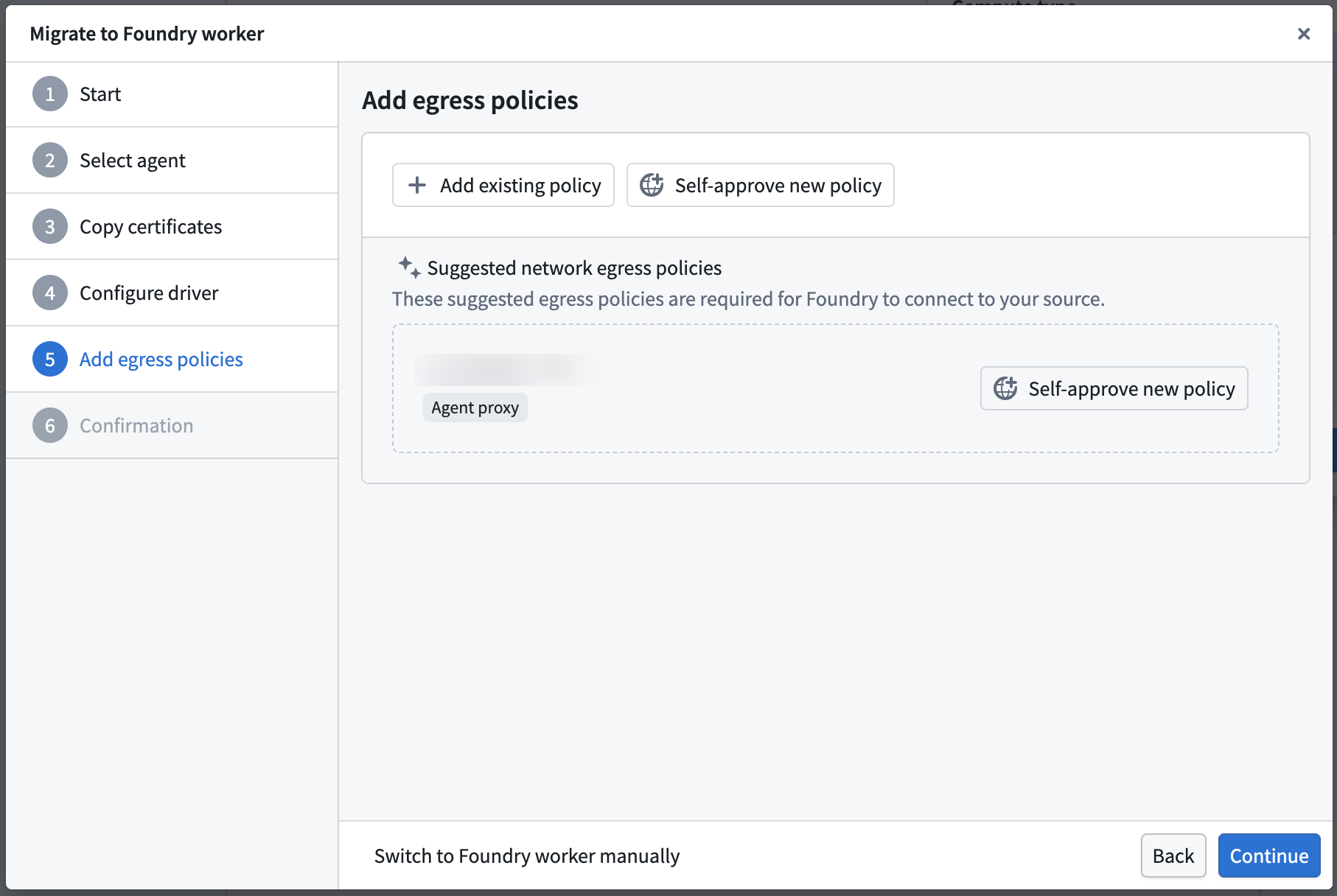 The add egress policies step of the migration wizard showing suggested network egress policies.