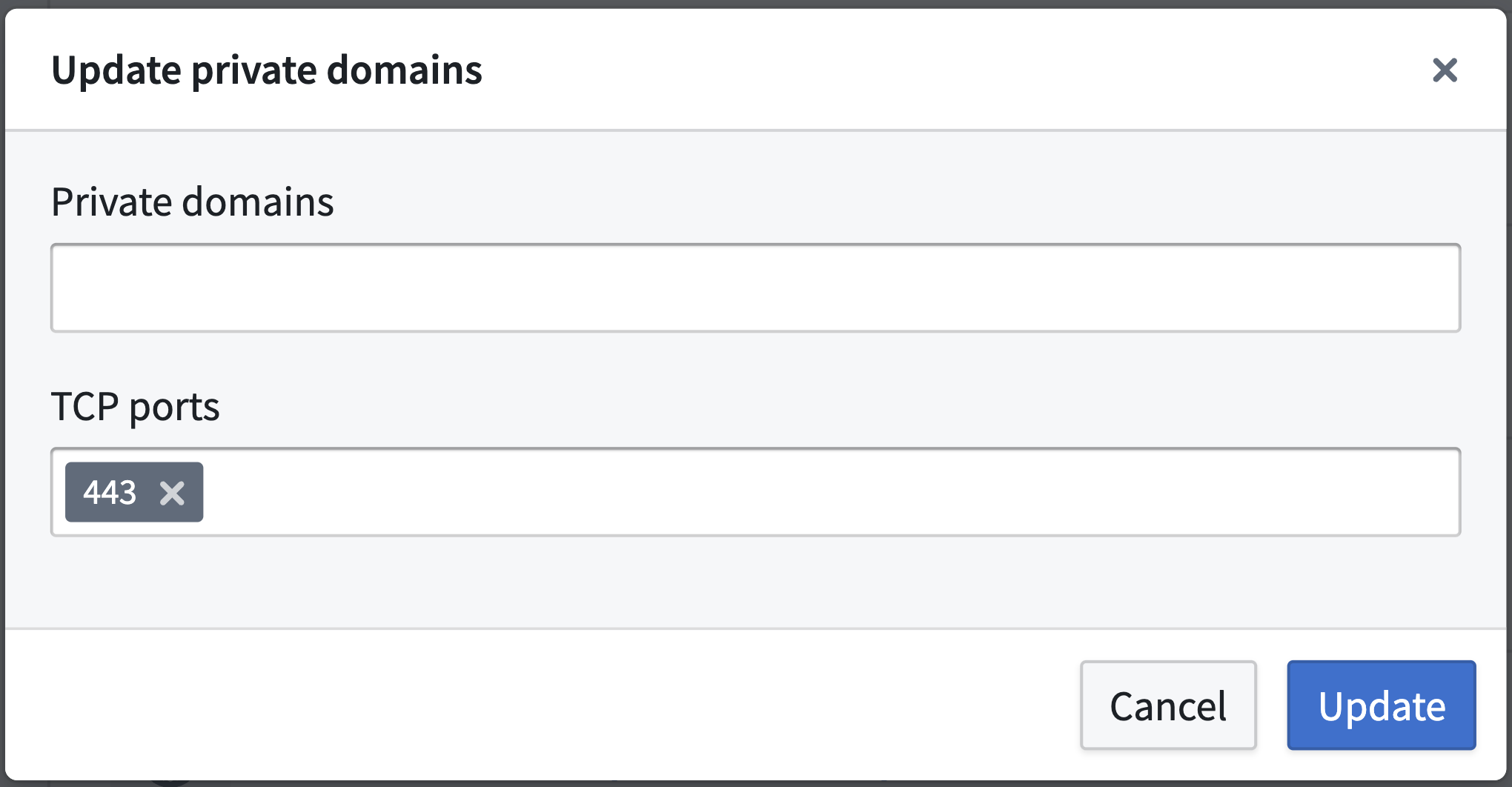 The Control Panel display for updating a private link.