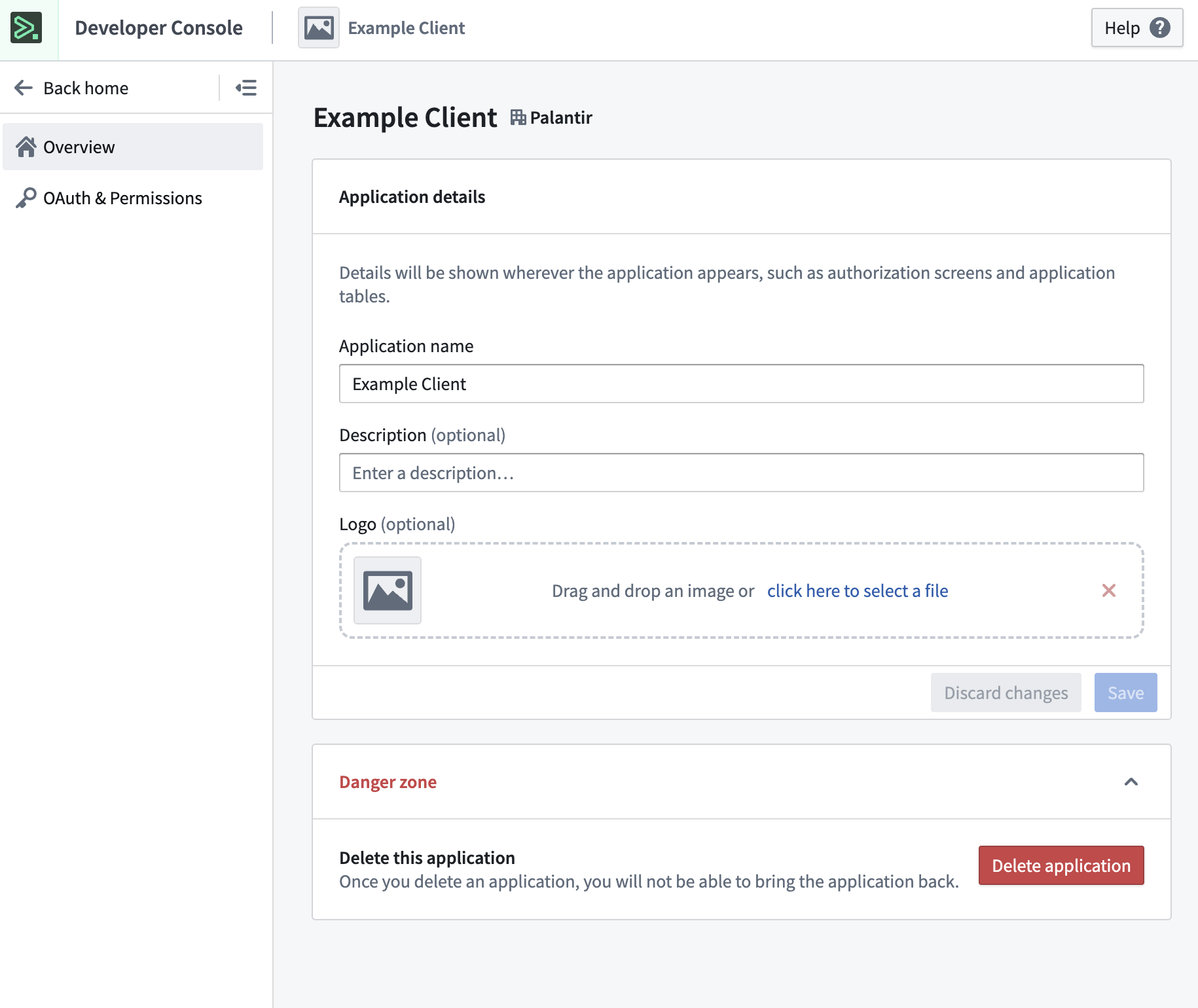 The standalone OAuth client Overview page displays application details and settings.