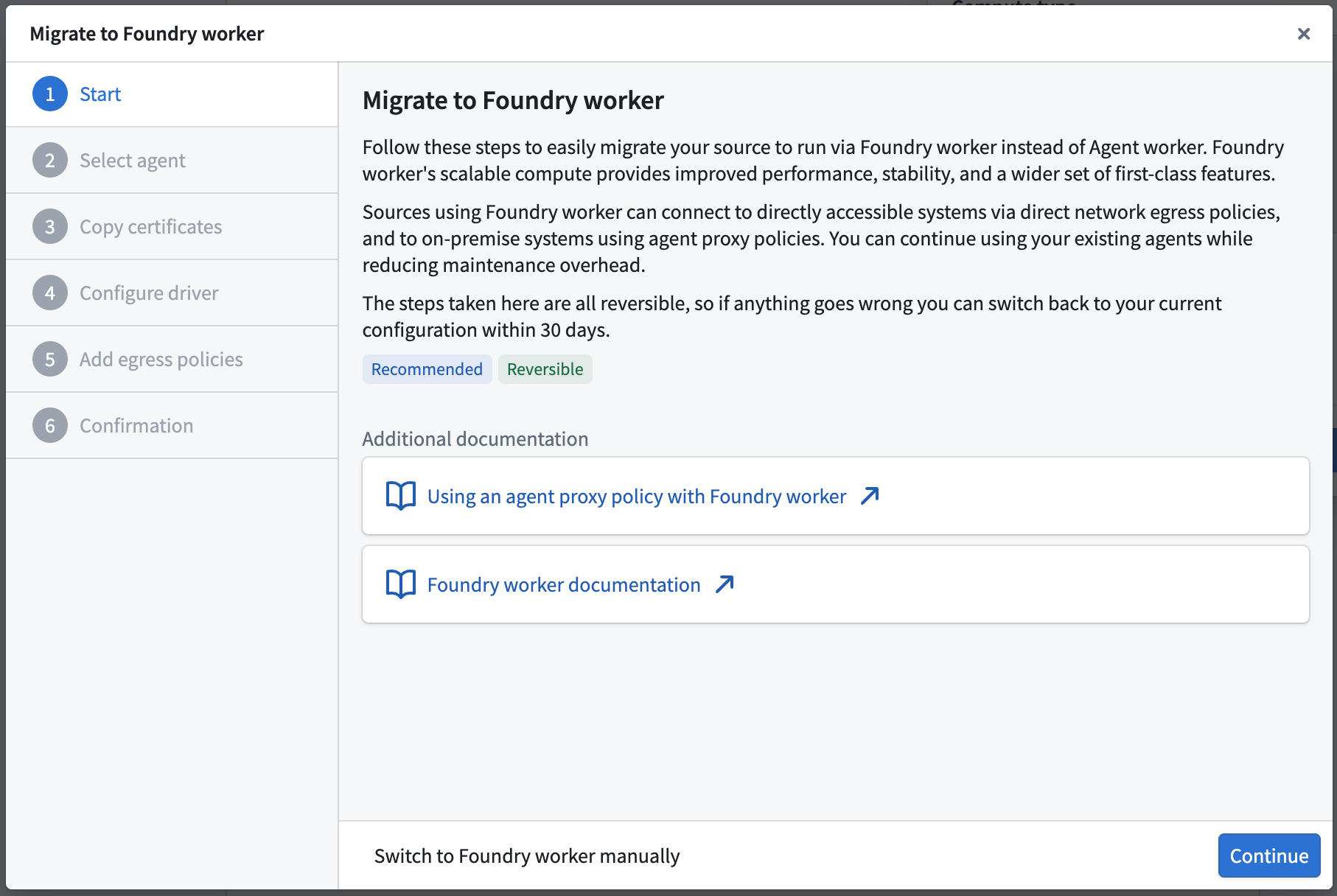 The start step of the migration wizard showing an overview of benefits and reversibility.