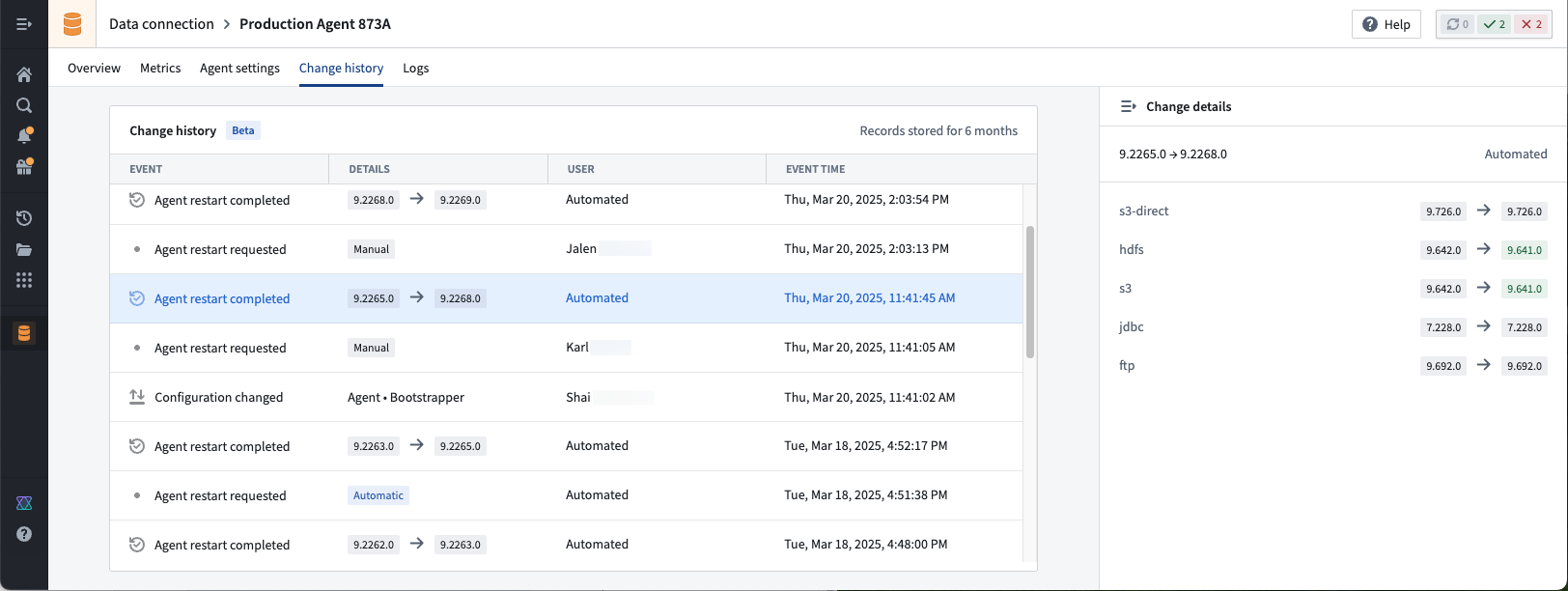 In this example, several teammates made changes to the agents configuration. If any managed plug-in versions changed upon agent restart, we can view the user associated with the change.