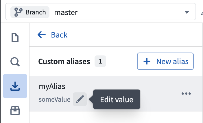The custom aliases list showing a created alias with an option to edit the value.