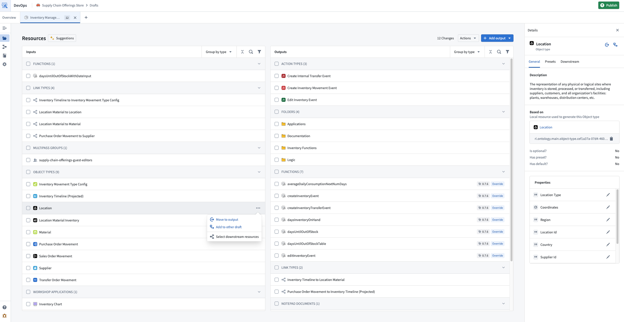 The ellipsis menu on an input displays options including Move to output and Add to other draft.