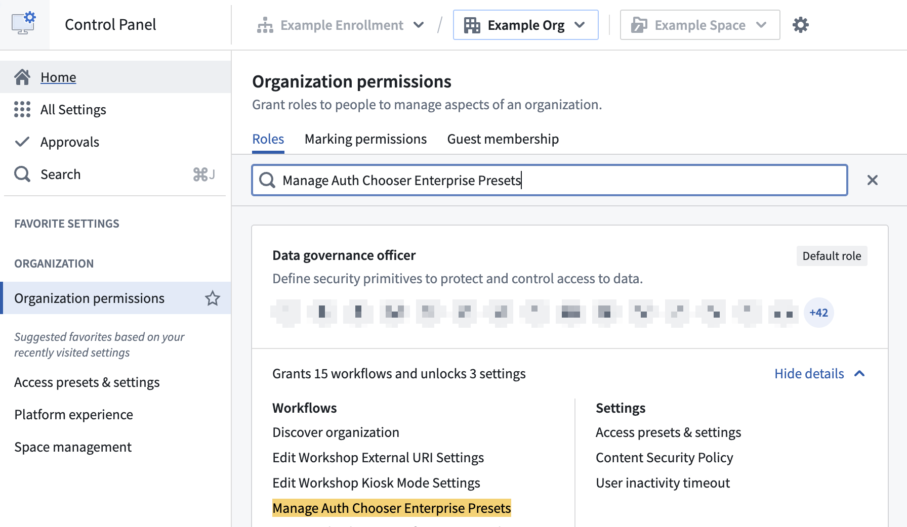 The Organization permissions extension in Control Panel displays members who can manage auth chooser enterprise presets to configure access presets.