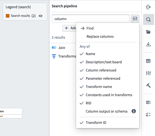 Screenshot of the Search pipeline settings dropdown.