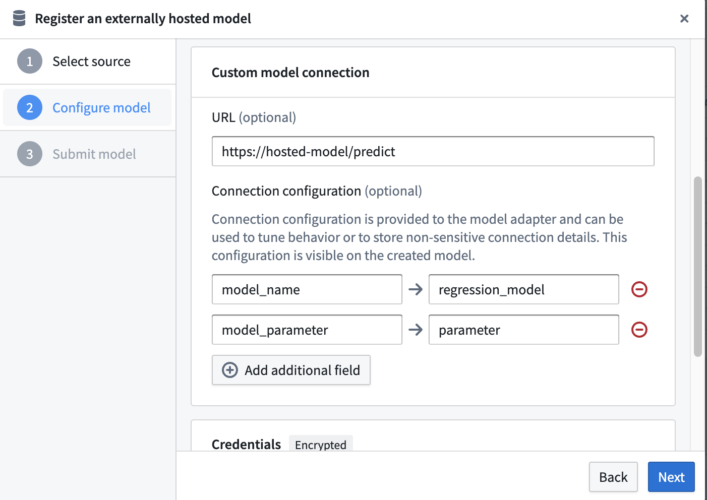 Define model configuration for an externally hosted model in Palantir Foundry