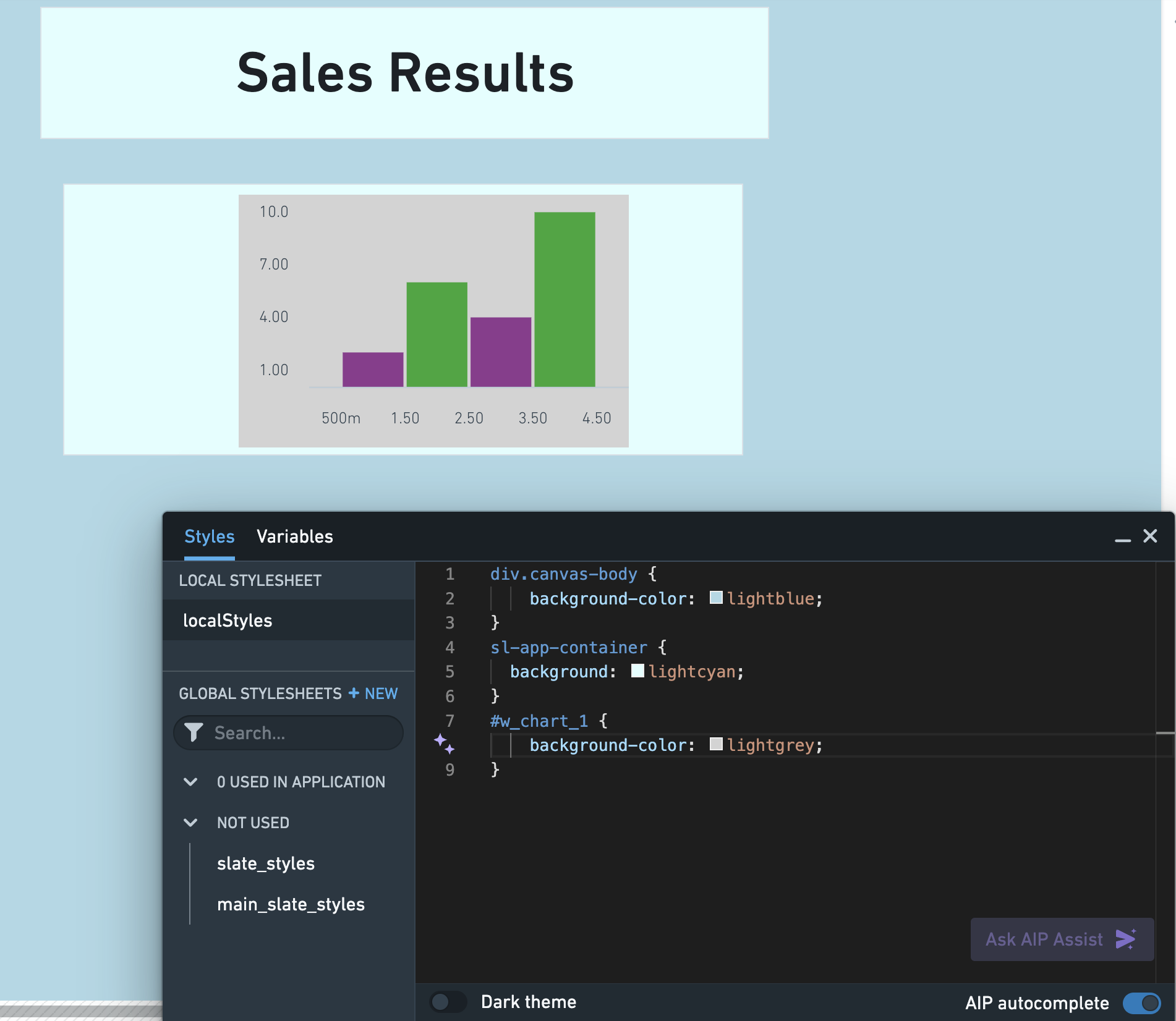 The Styles editor in Slate with customized color settings. The Slate canvas is light blue, the widget container is light cyan, and the bar chart is light gray. 