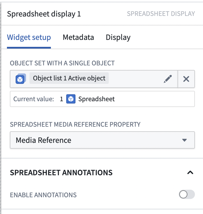 An example configuration of the media reference configuration for the Spreadsheet Display widget.