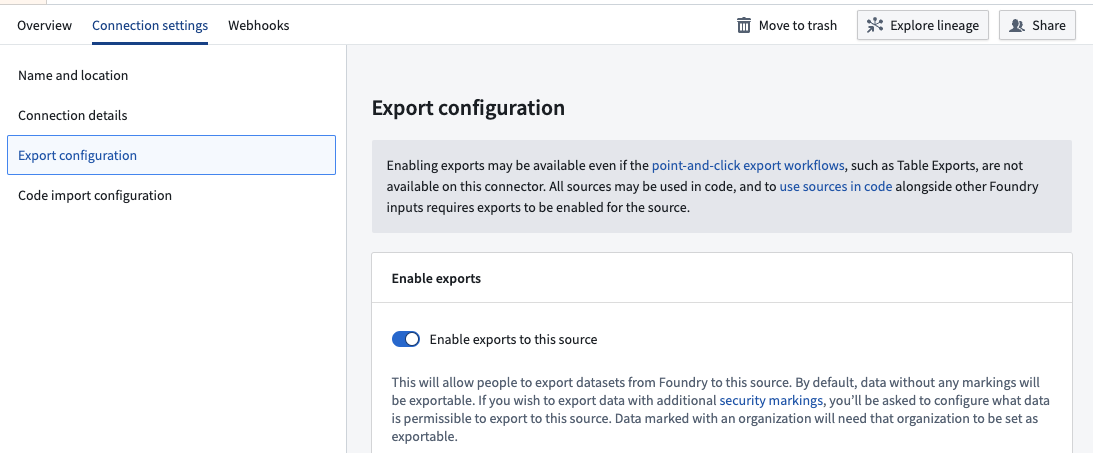 Toggle Enable exports to this source within the source connection settings.