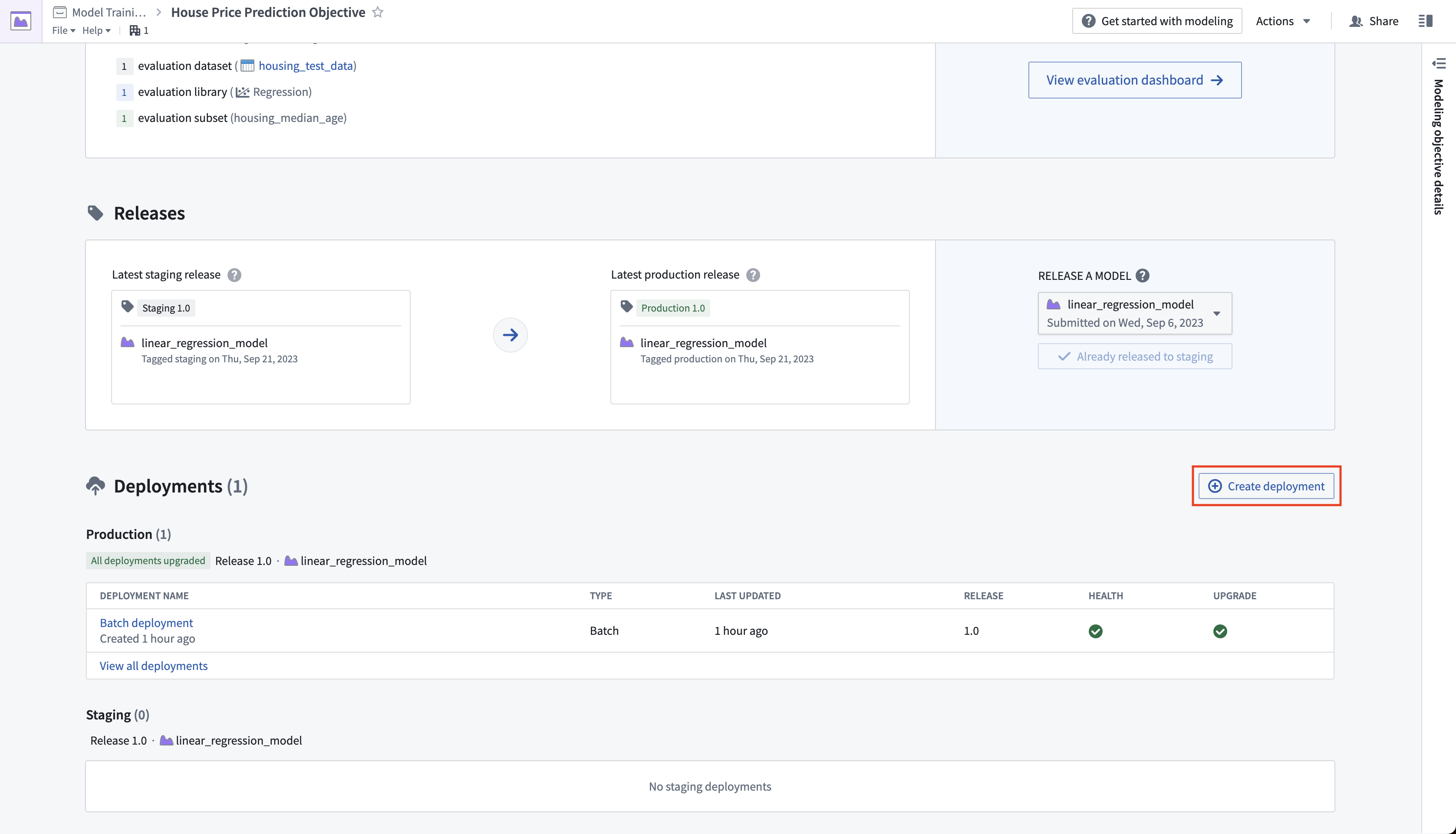Create a deployment in a modeling objective configuration