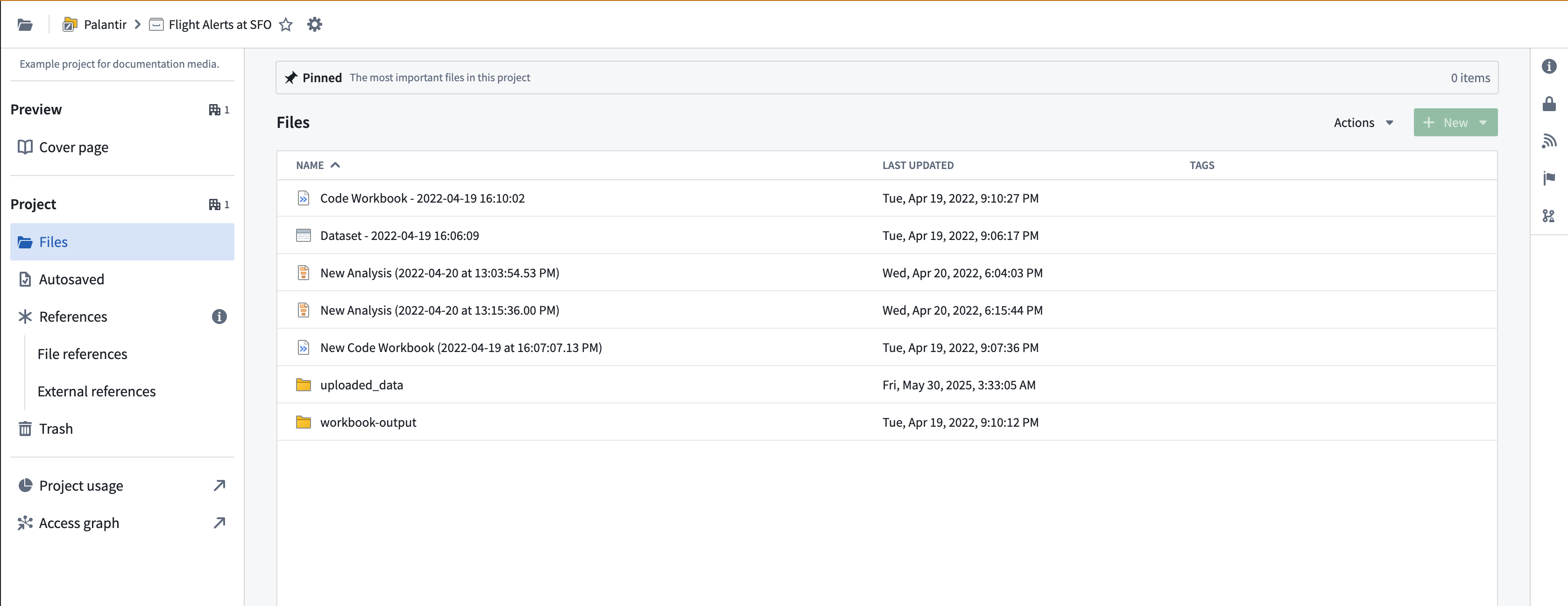 Project dashboard showing the Files, Autosaved, References, and Trash areas.