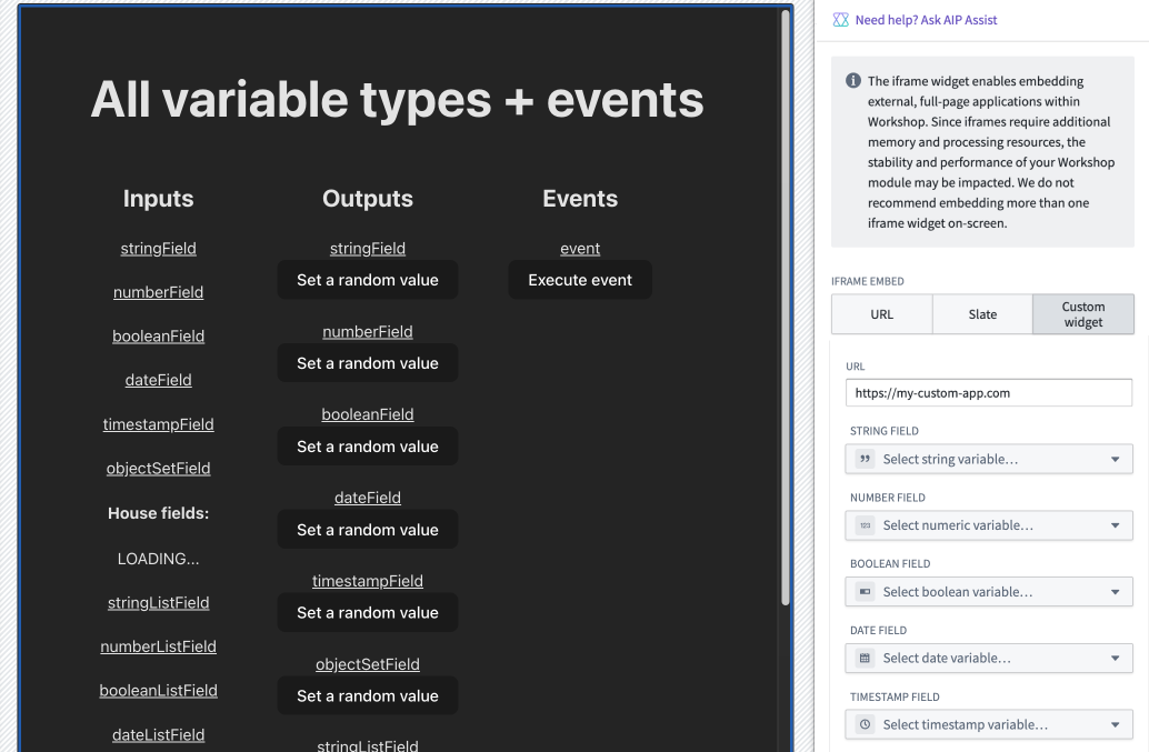 The loaded state for the bidirectional widget's config panel after it has received the config definition from the iframed app.