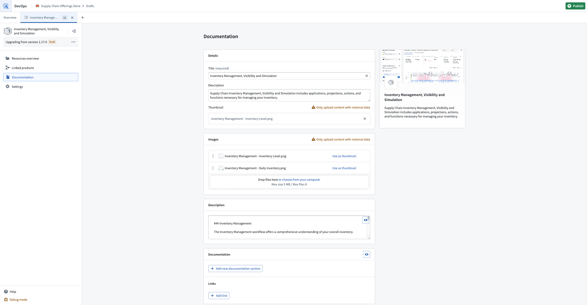The Documentation page displays options for submitting documentation information about a product.