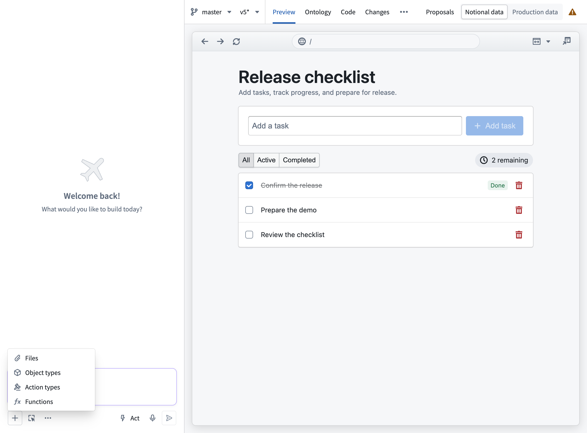 The Add menu showing options for attaching ontology context, documents, and images.