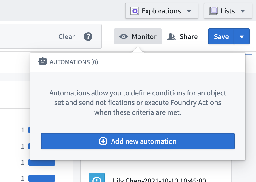 Empty state view showing the option to add a new automation from an exploration.