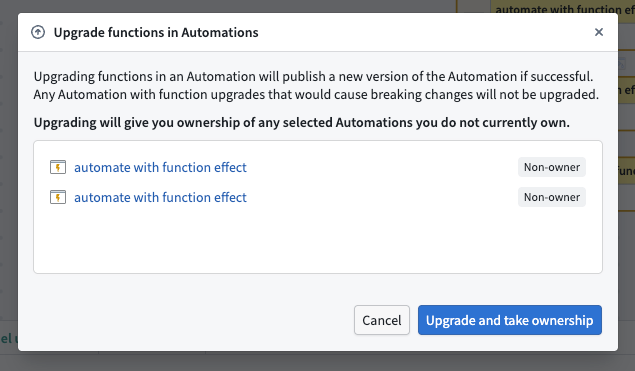 Example of upgrade confirmation dialog for automations that you do not own.