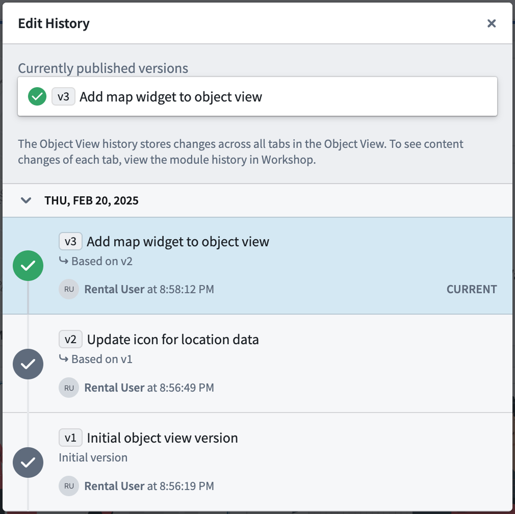 The Object View edit history panel.