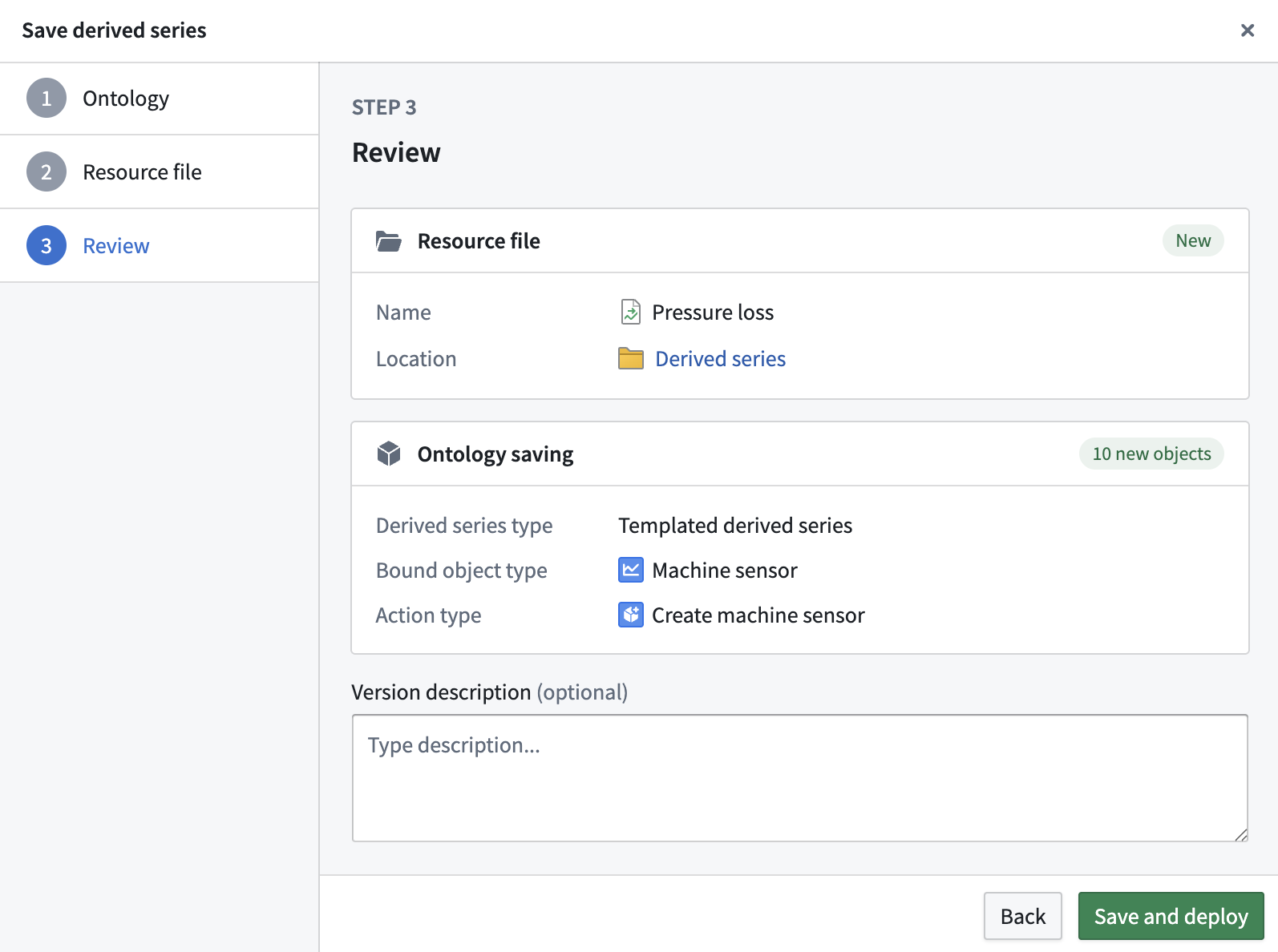 The Review tab of the Save derived series dialog.