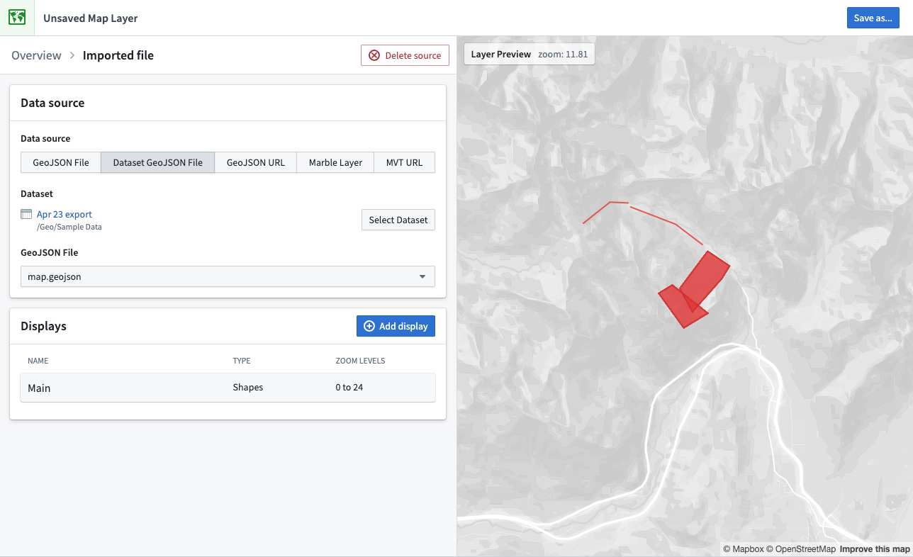 Map layer editor vector config with dataset stored GeoJSON file.
