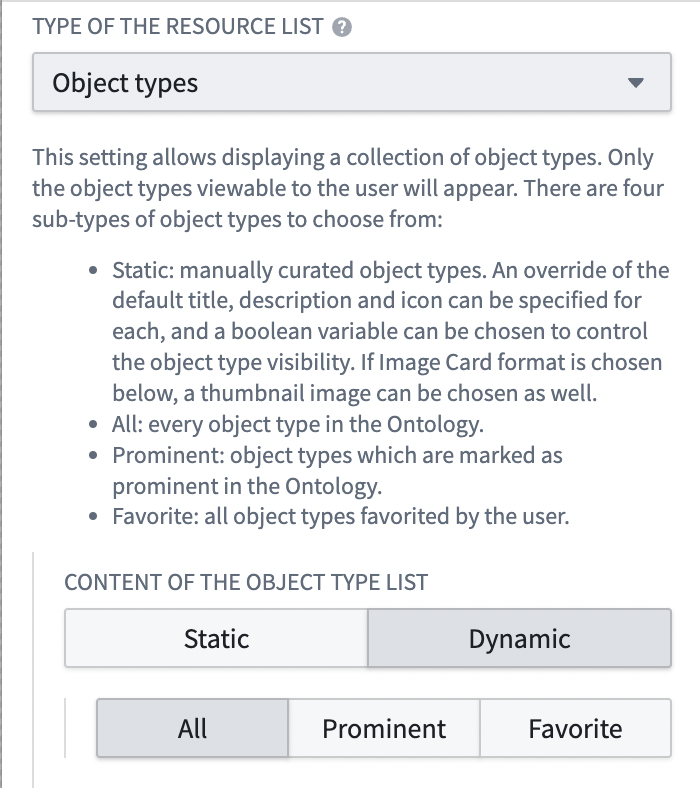 The object types resources setup menu