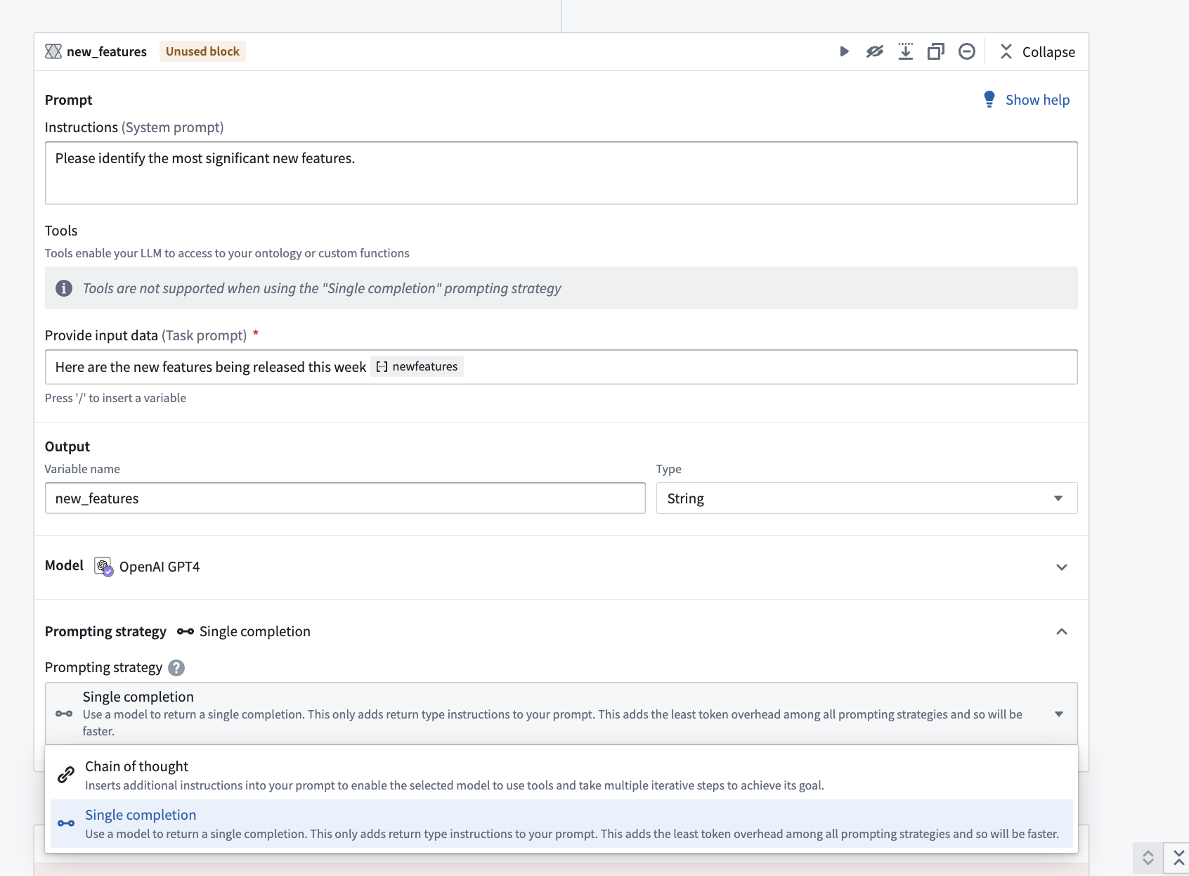 Run a single completion from an LLM block.