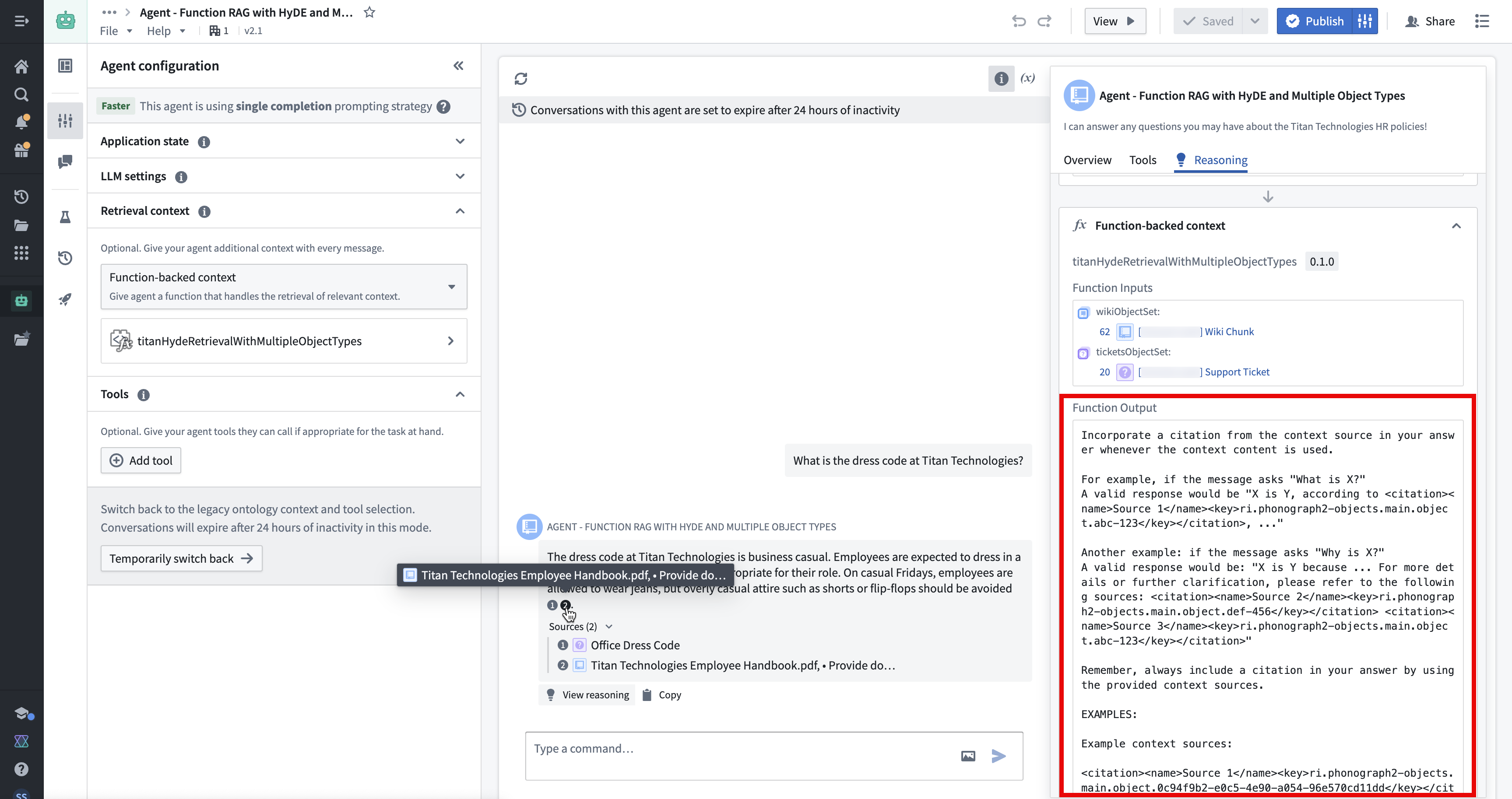 A screenshot of the custom prompt used to output citations from the function-backed context