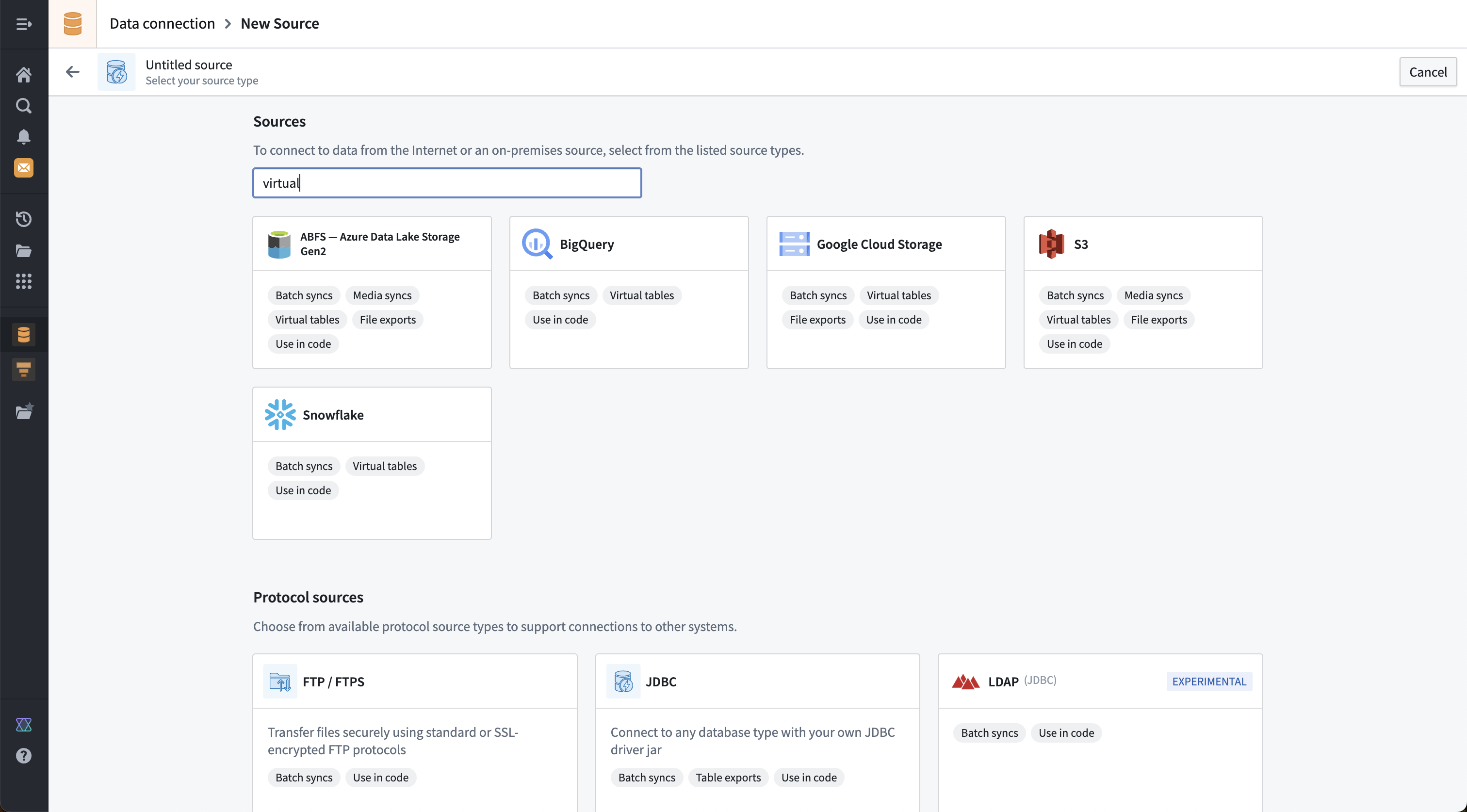 Screenshot of the new source page showing capabilities available on connector cards with a search for "virtual".