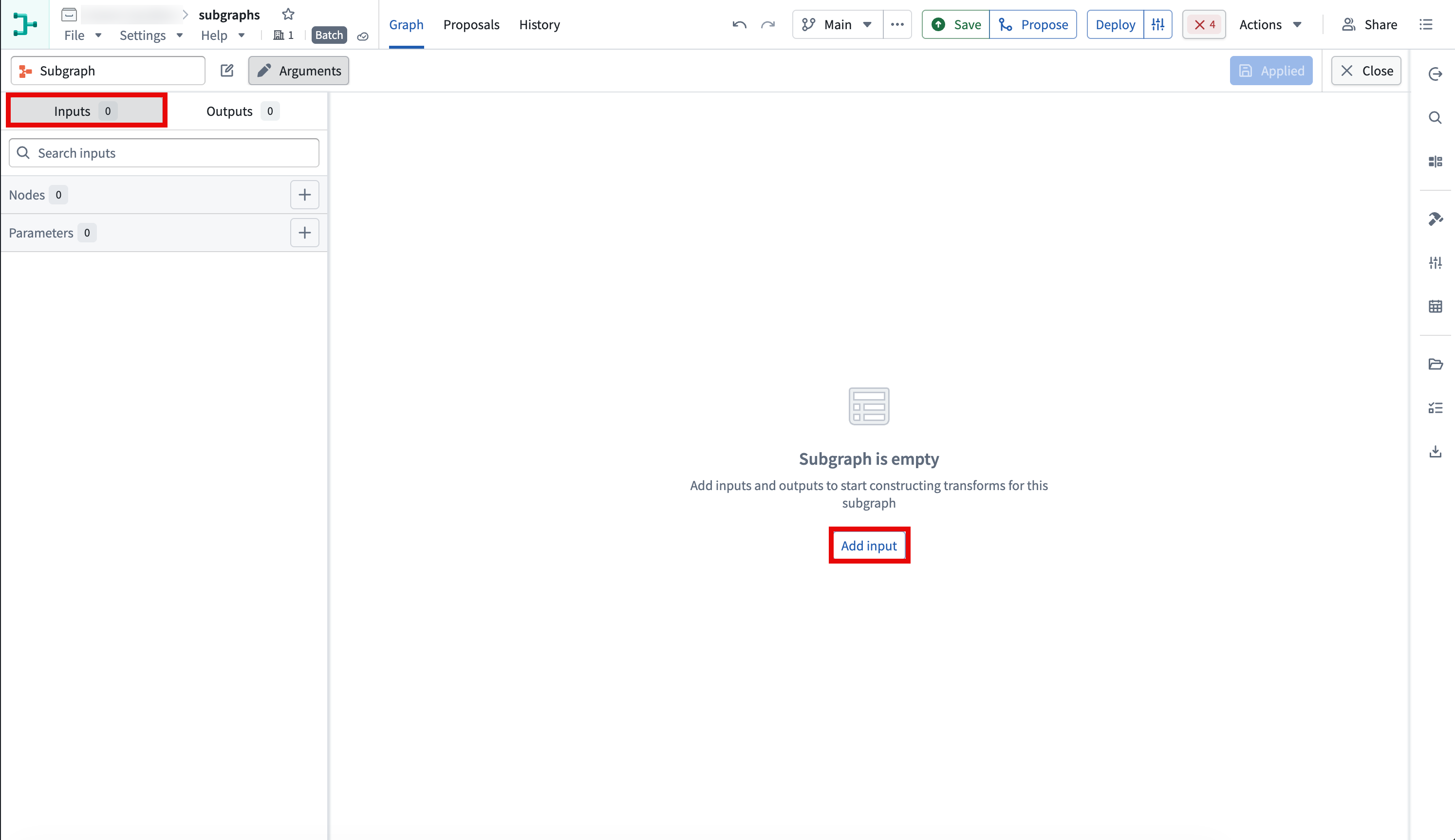 The empty subgraph editor shows the Inputs tab and Add input button highlighted.
