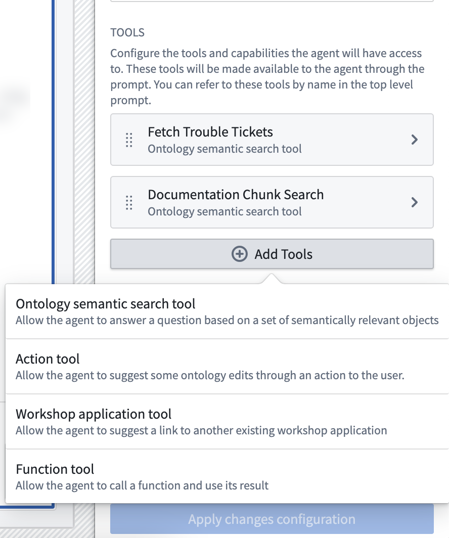 AIP Chatbot widget tool options.