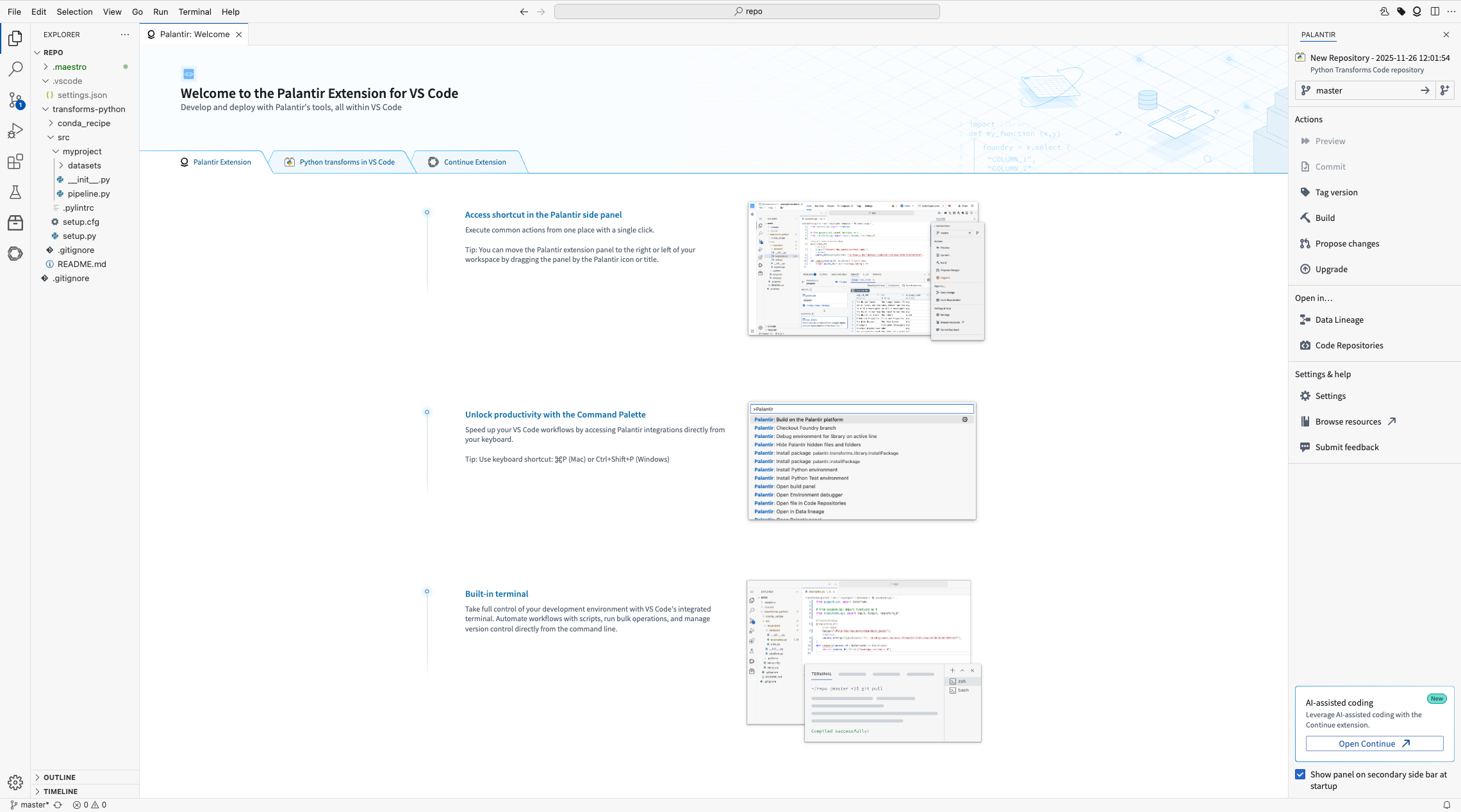 New VS Code Landing Page with tabs for Palantir Extension VS Code Python transforms and Continue walkthroughs.