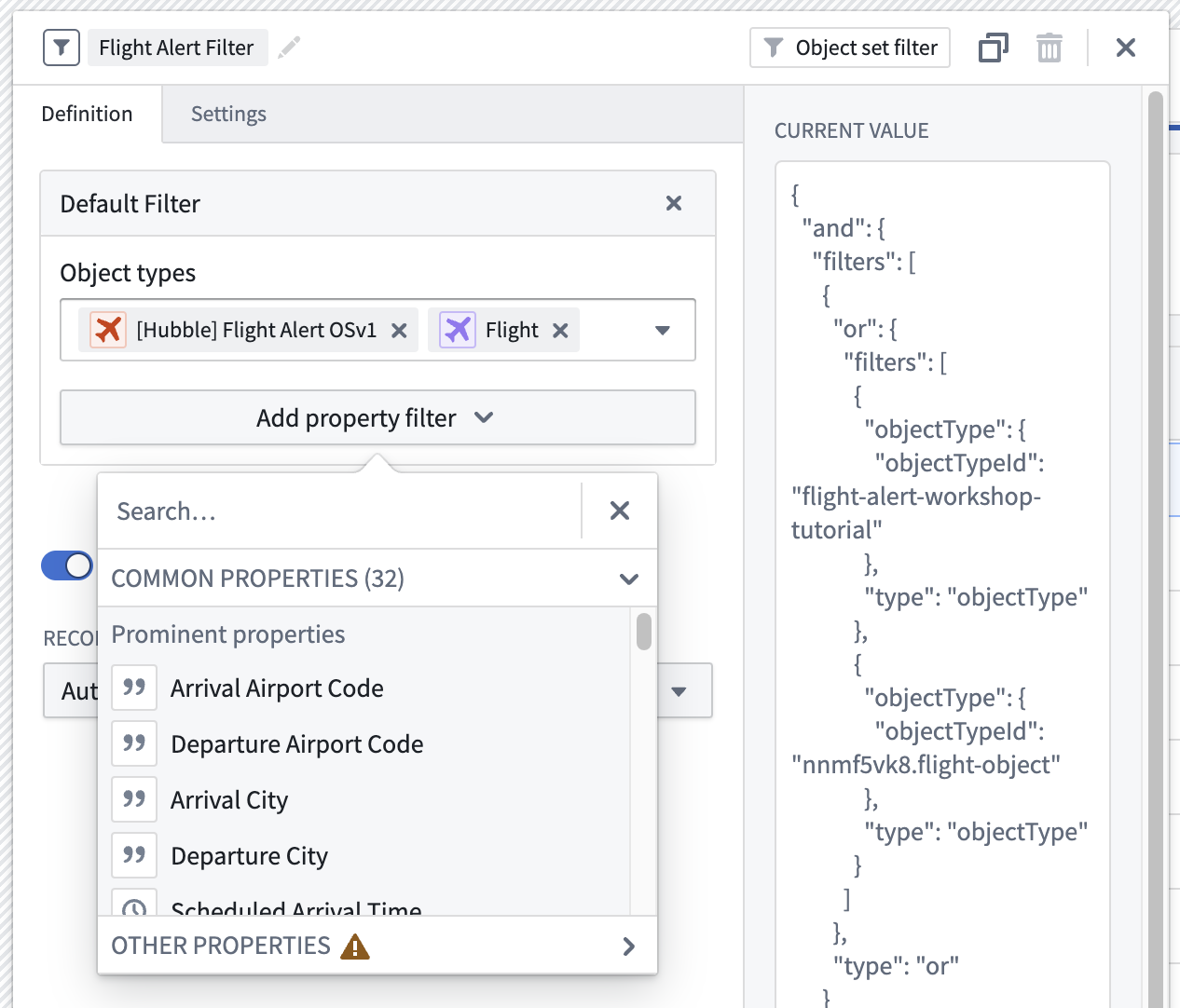 The object set filter property selector with multiple object types.