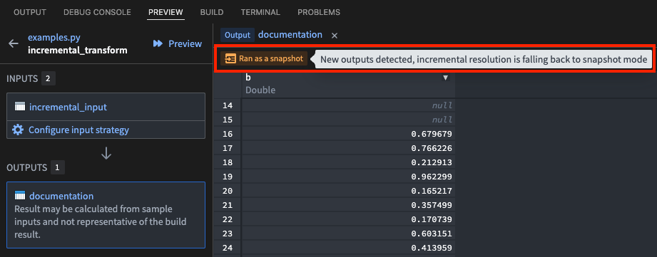 Preview panel after a snapshot mode incremental run.