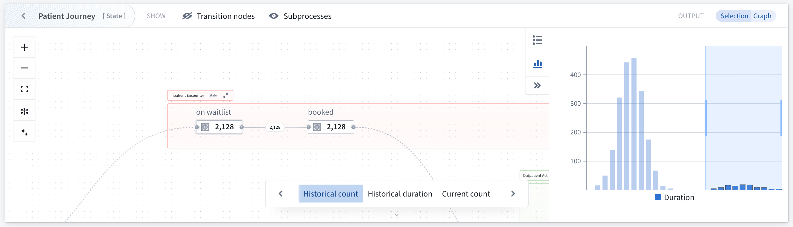 View the duration distribution to learn how long it takes objects to pass through between states.