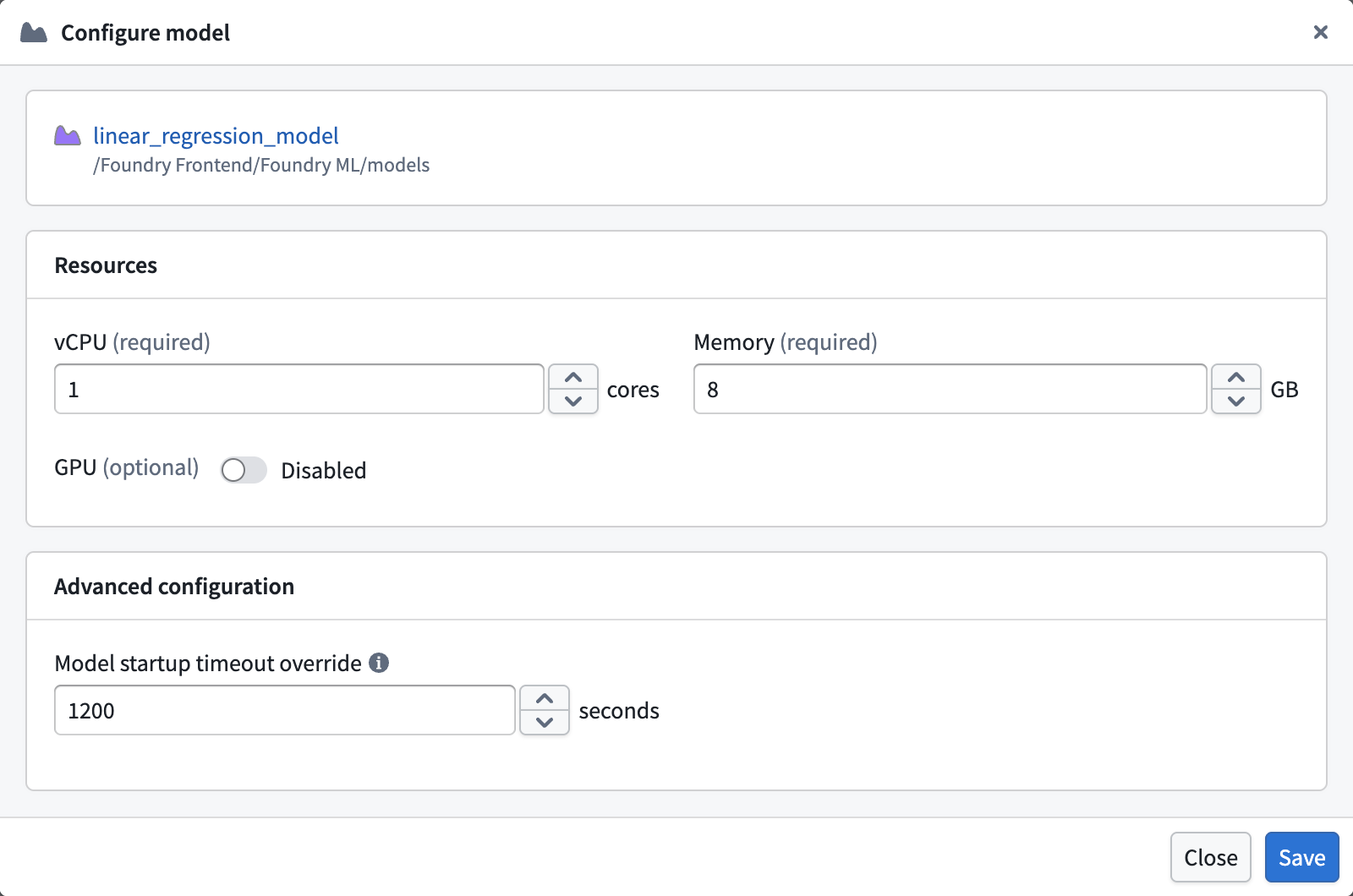 Model configuration dialog with resource allocation and advanced configuration sections.