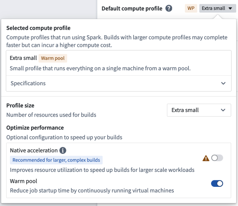 Example of the compute profile dialog with the Warm pool option enabled.