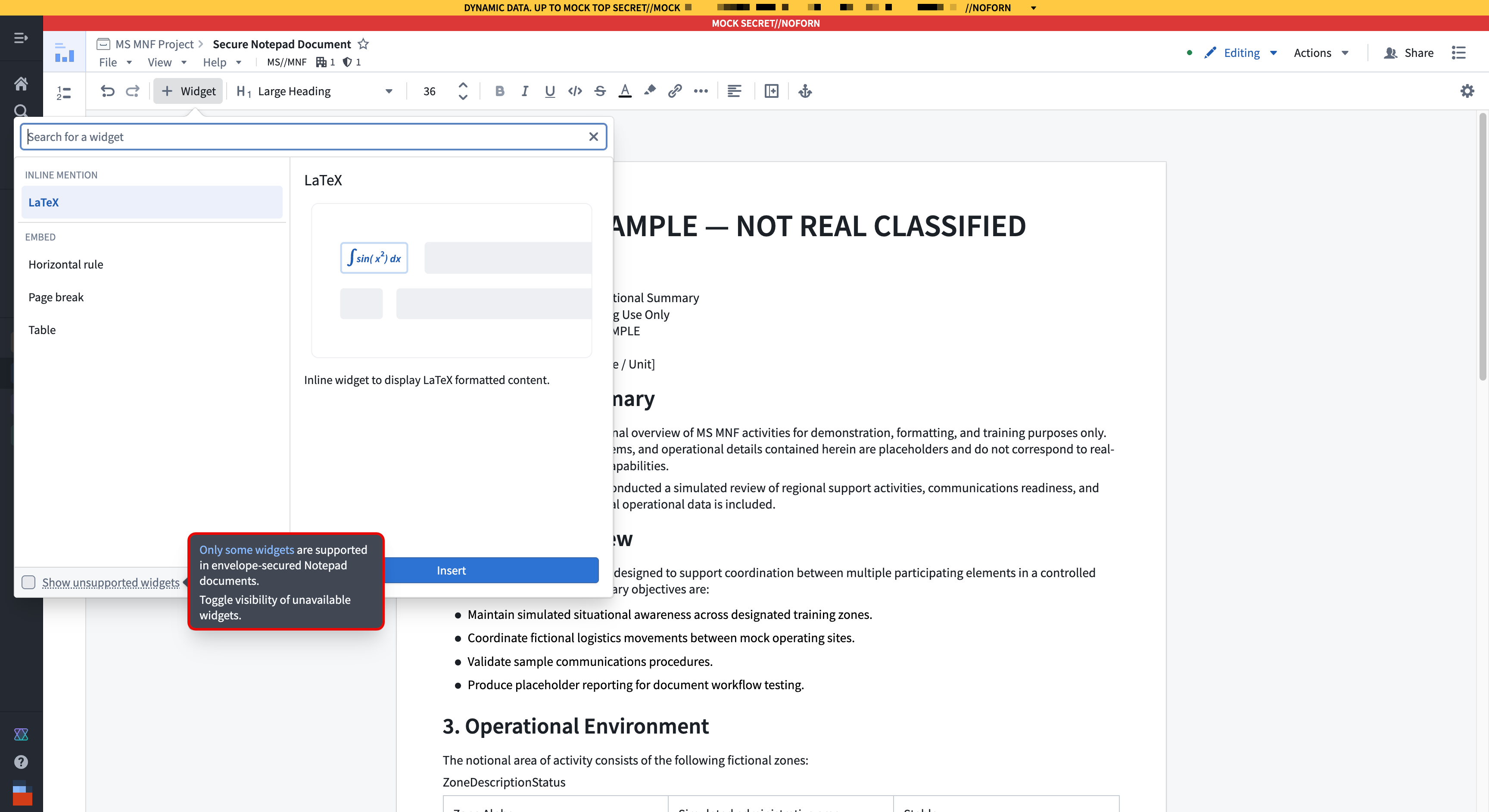 The +Widget menu in an envelope-secured Notepad document, filtered to show only supported widgets.
