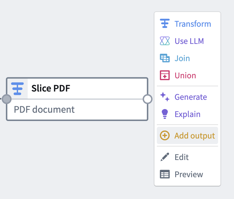 The 'Add output' option on a selected node.