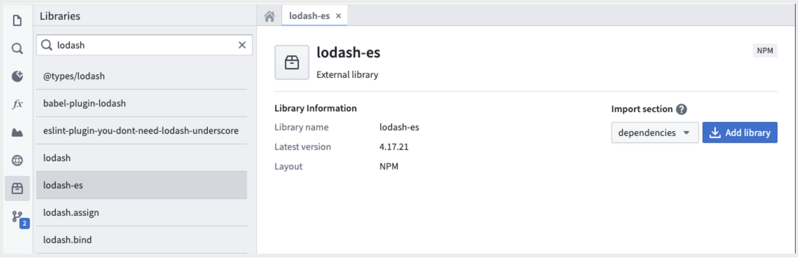 Add packages to Functions repository using the Libraries sidebar in Code Repositories.