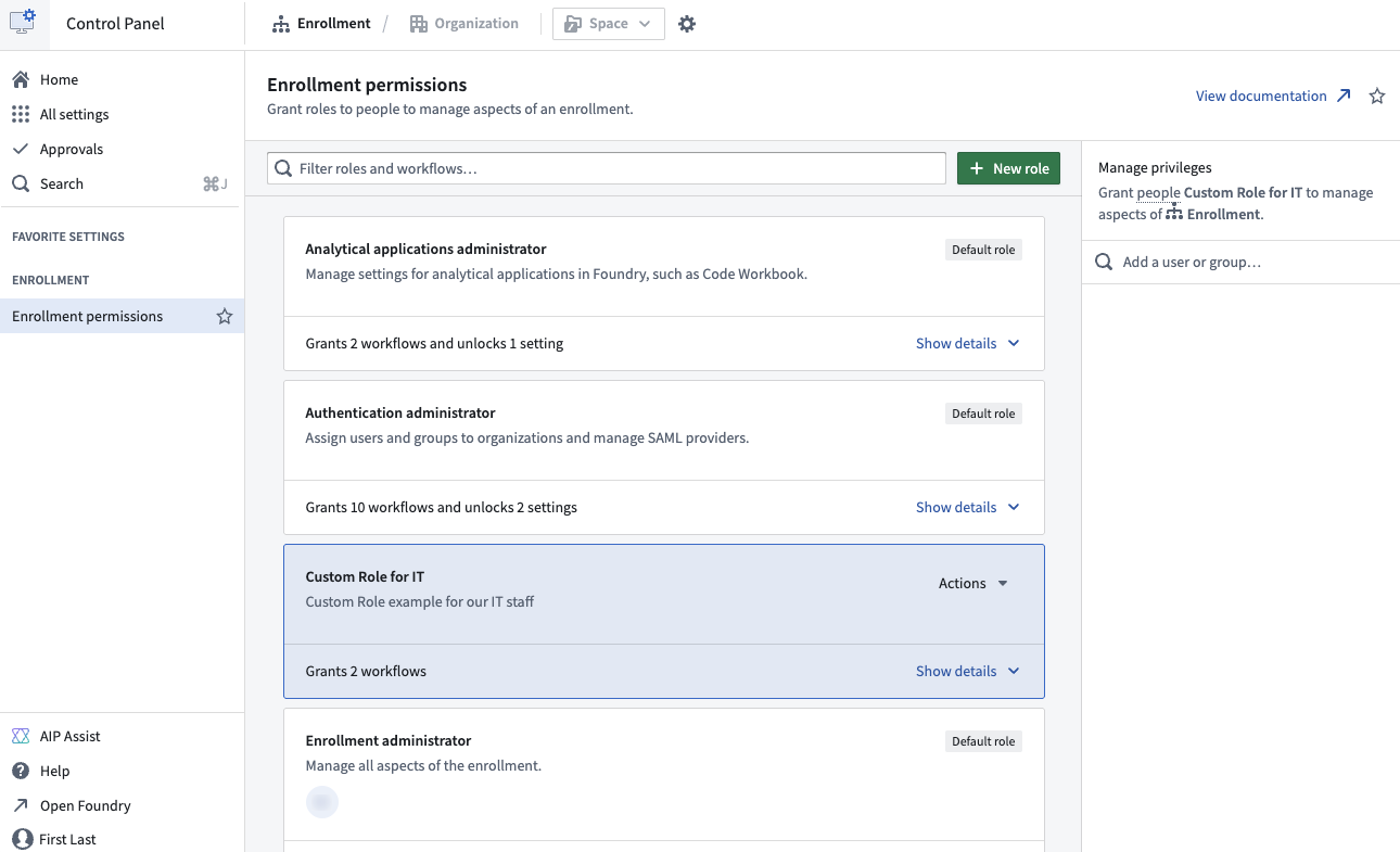 Configure your enrollment custom roles through the Enrollment permissions configuration page in Control Panel.