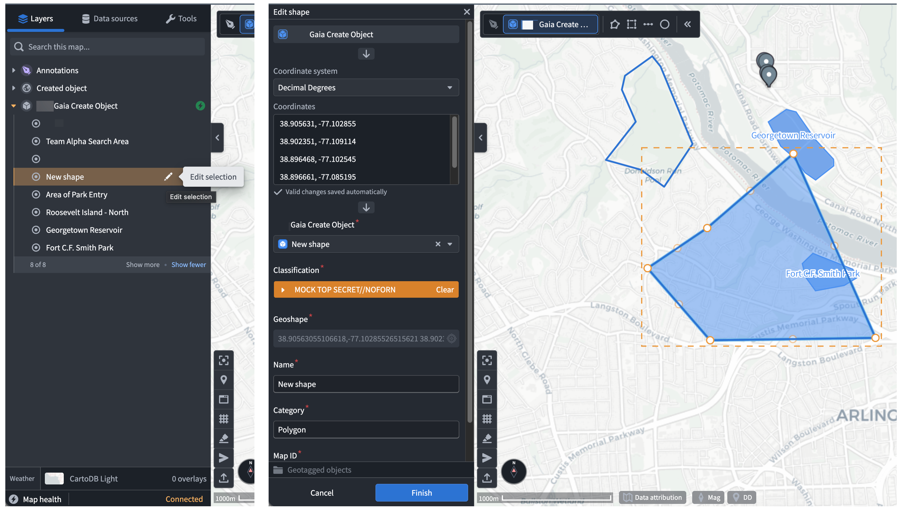 Users can edit an object on their Gaia map by selecting the pencil icon to launch the Edit shape window in the left panel.