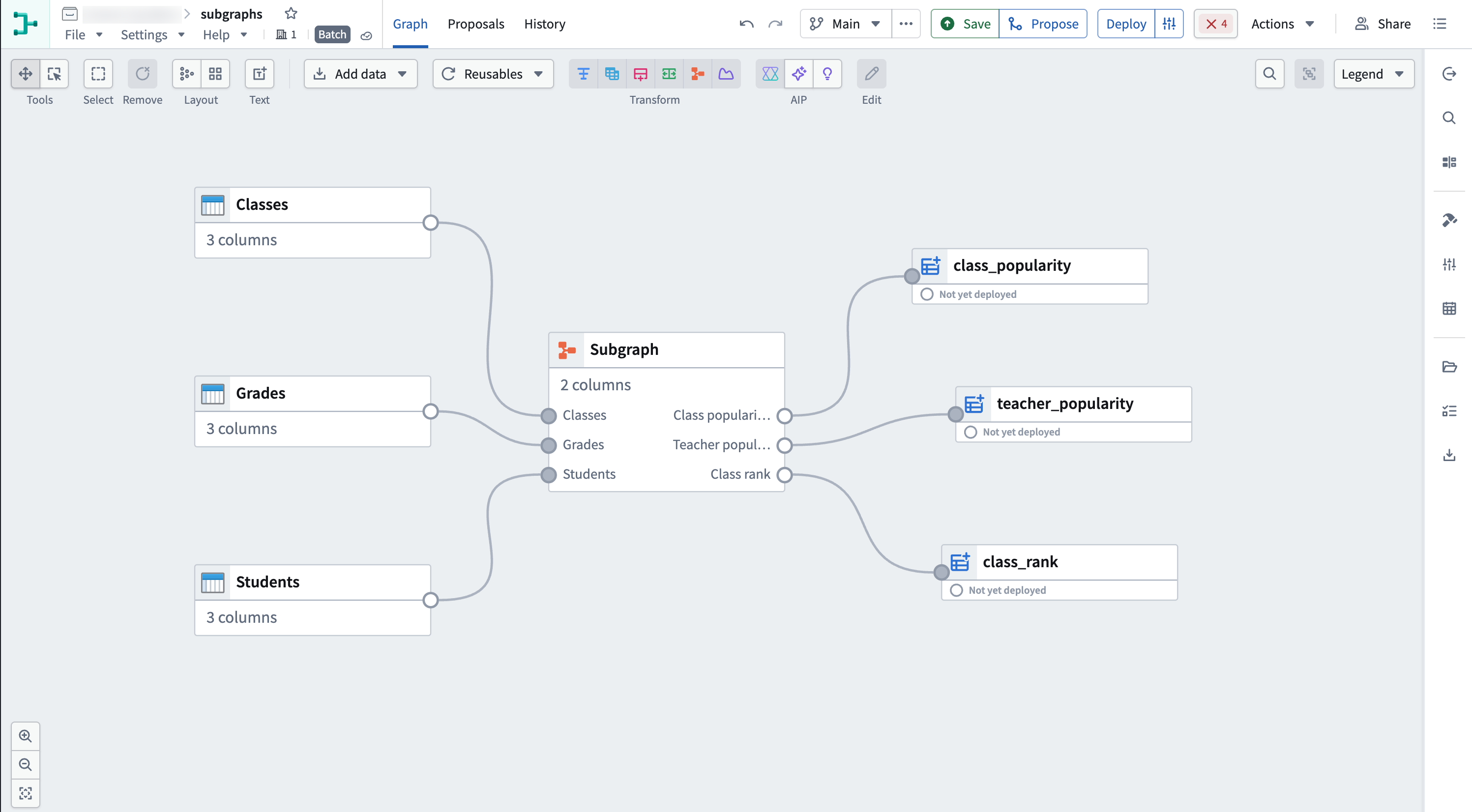 The pipeline graph shows Classes, Grades, and Students connected to a subgraph whose outputs feed datasets for class popularity, teacher popularity, and class rank.