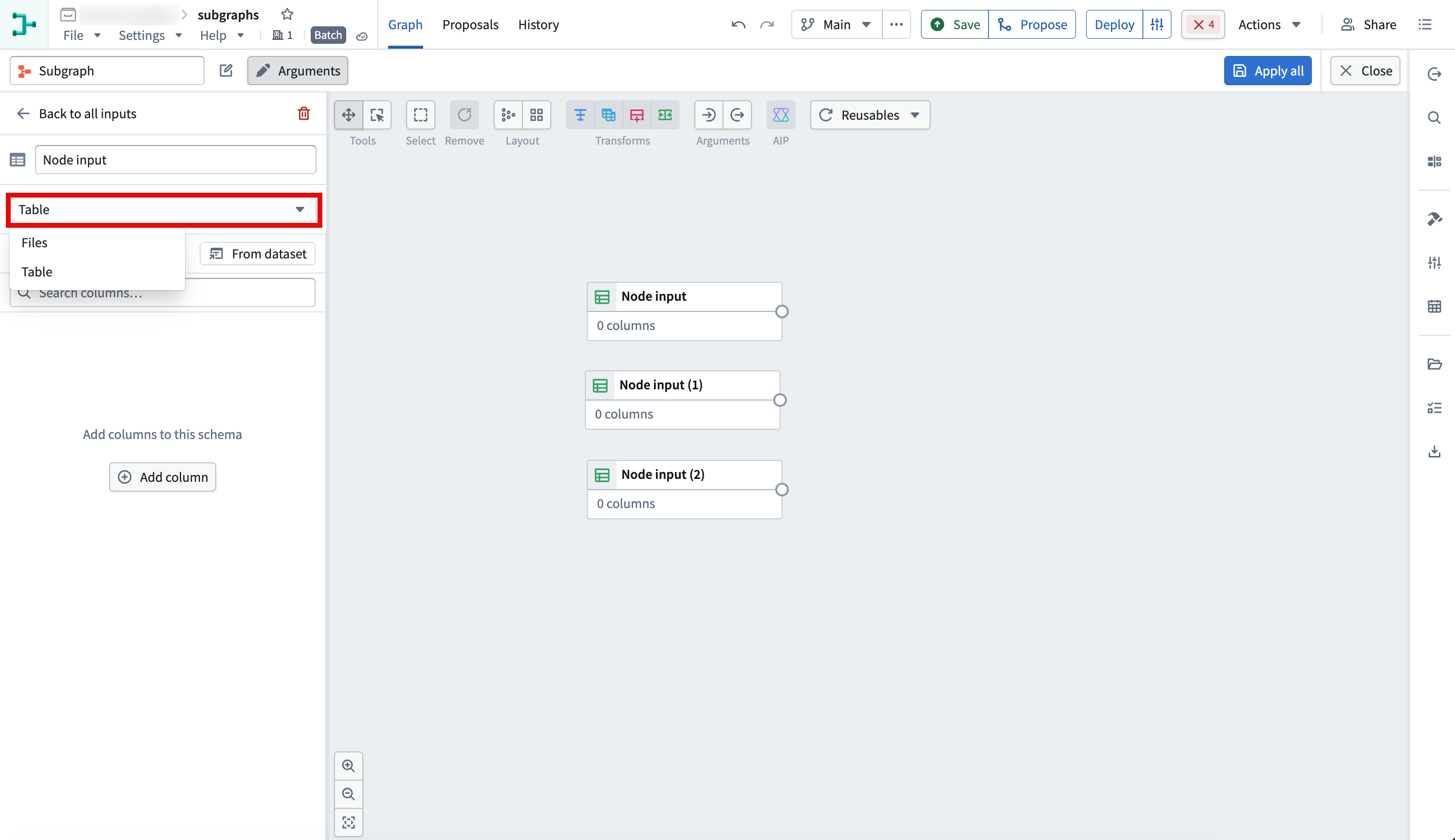 The subgraph input type dropdown menu is expanded with Files and Table options, and the input type selector is highlighted.