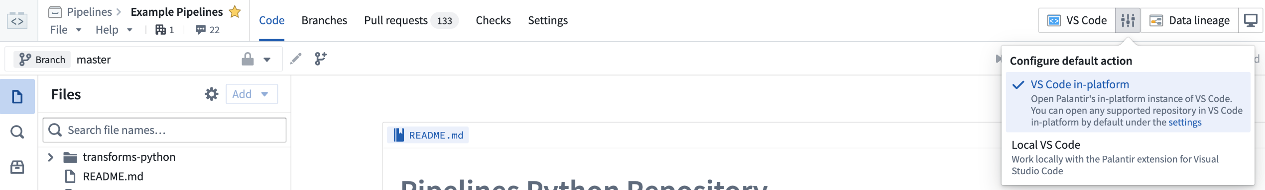 The VS Code button in Code Repositories with the option to configure the button to open in Local VS Code.