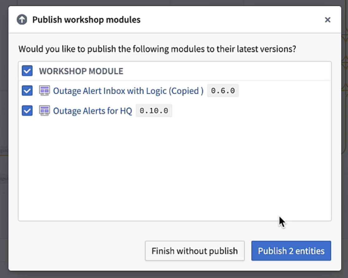 Example of the publish Workshop modules window after successfully upgrading functions in Workshop.