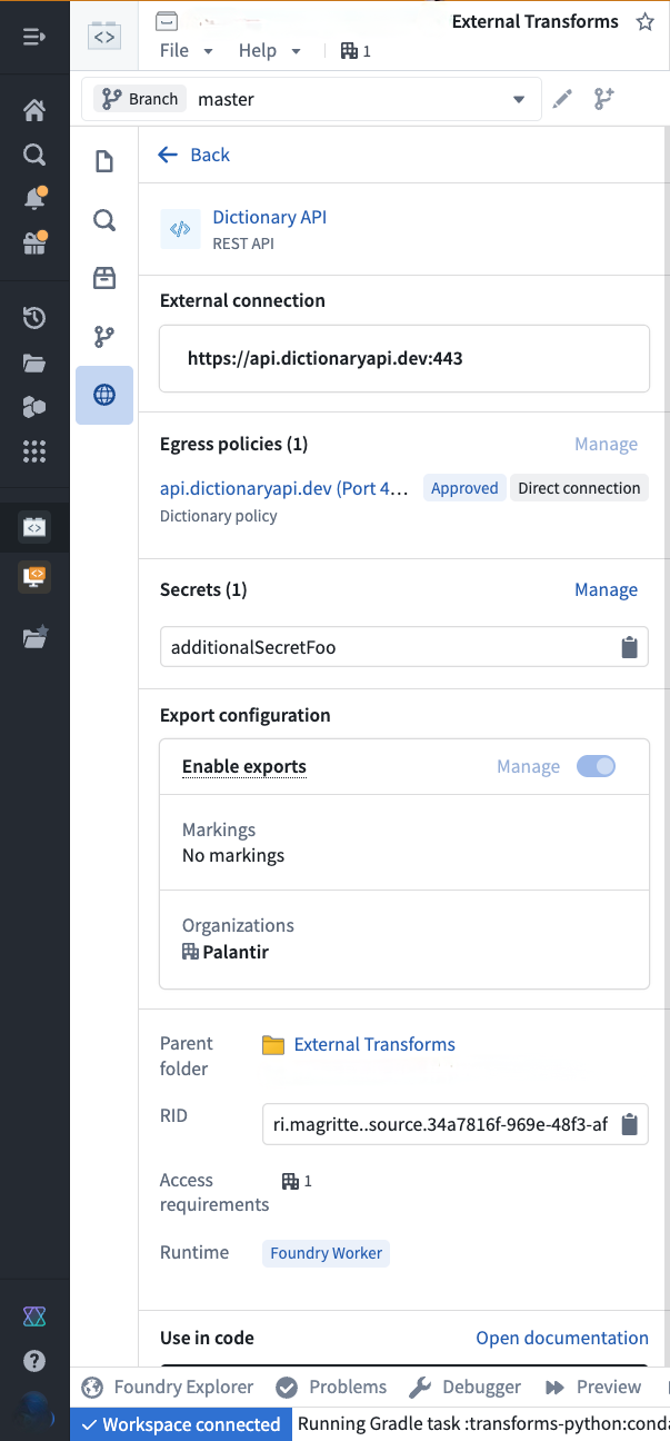 Left panel showing the Dictionary API source details.