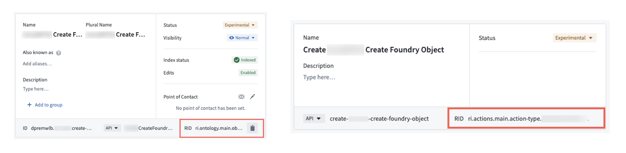You can copy the RID of both your object type and action type from the Overview window of Ontology Manager.