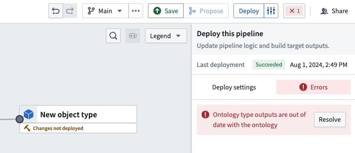 An example of the Ontology type outputs out-of-date error due to a stale pipeline after conflict resolution.