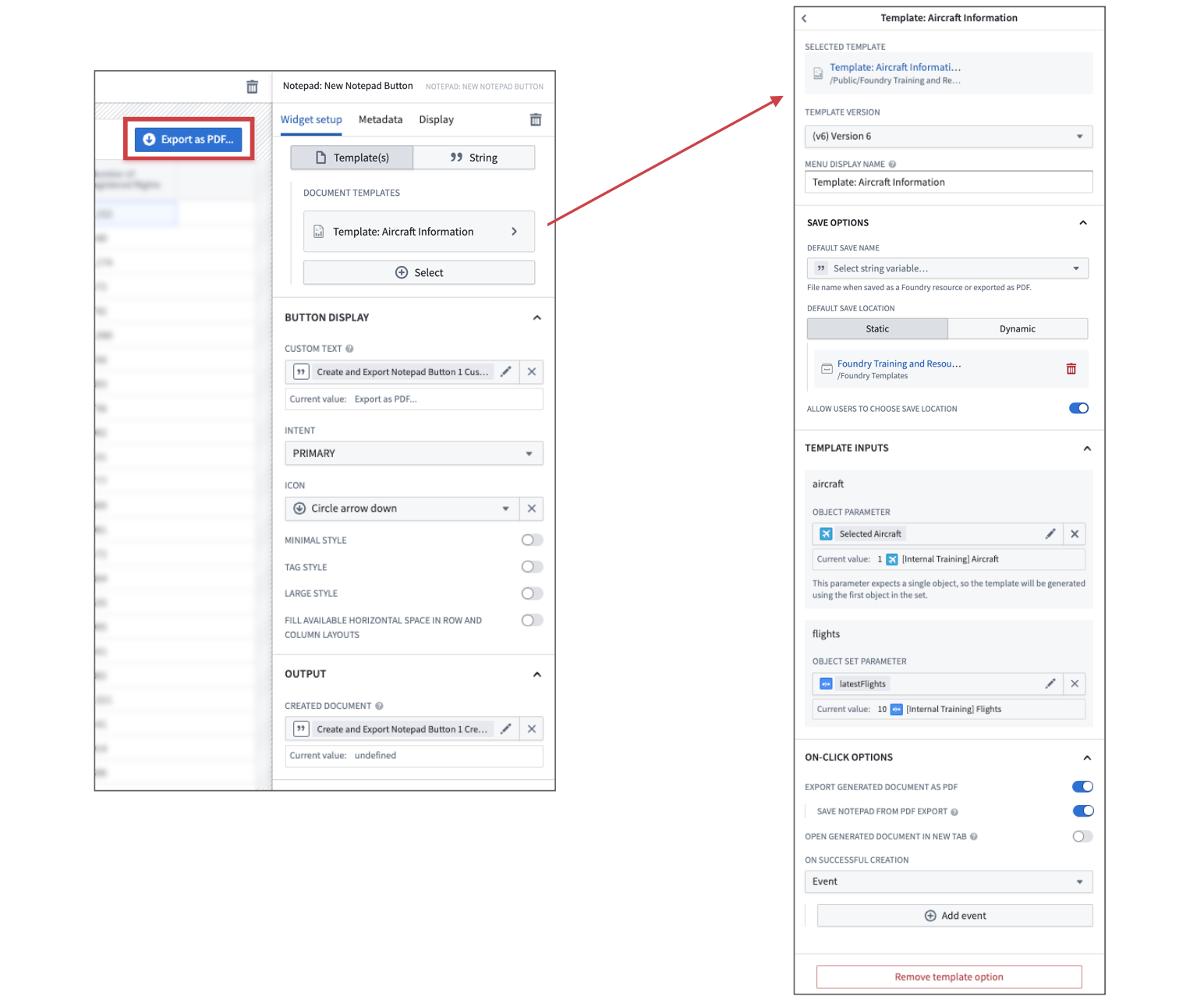 The configuration panel for the Notepad: New Notepad Button widget and a selected Notepad document template.