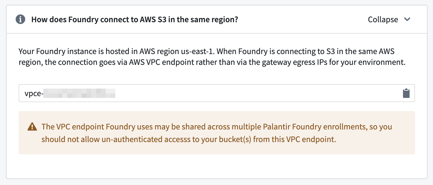 A Control Panel page displaying the VPC endpoint for a Foundry instance.
